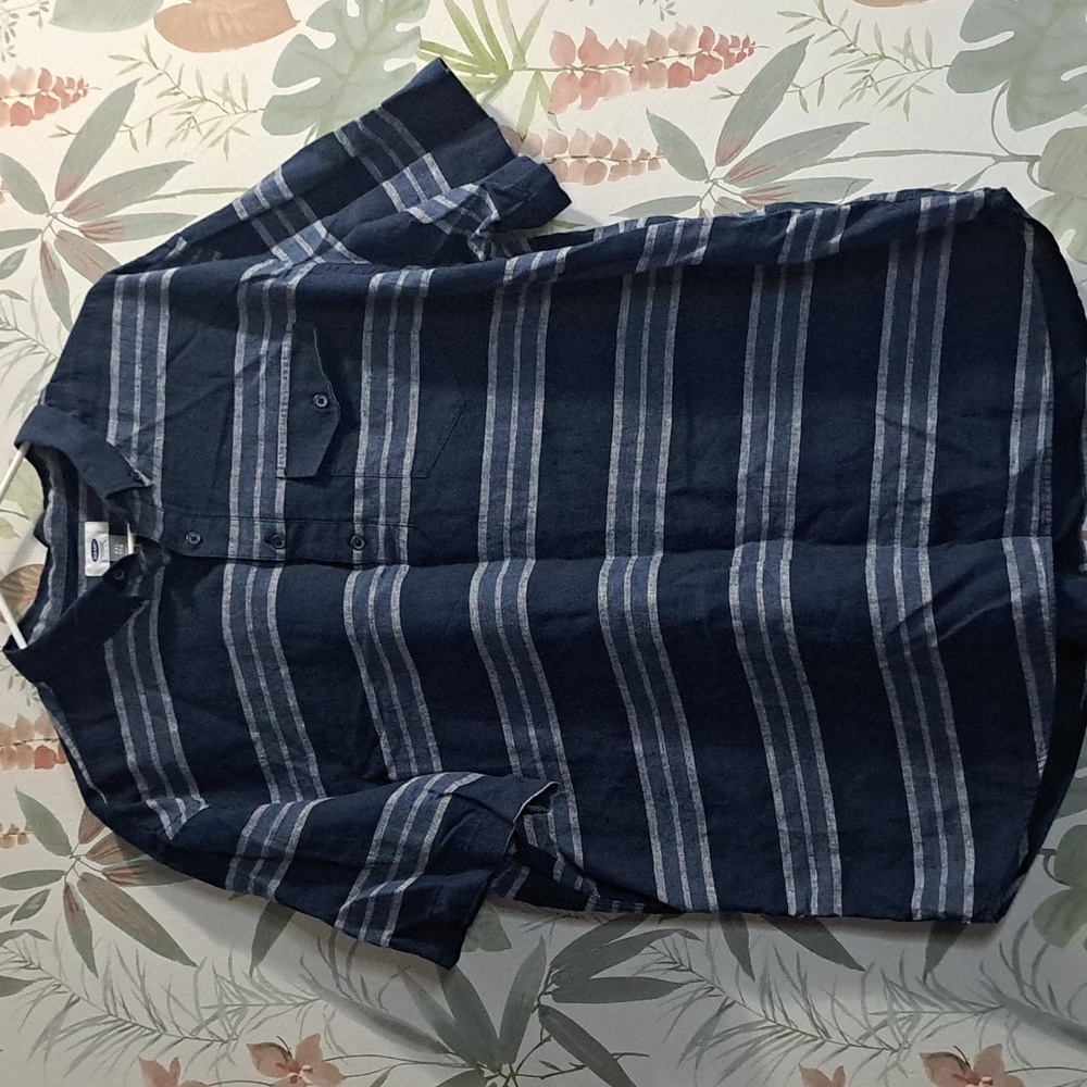 Old Navy Casual Navy and White Striped Shirt Linen Cotton Blemd Size XXL